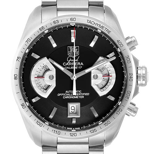 The image shows a frontal view of a Tag Heuer Carrera CAV511A Men's Stainless Steel Black Dial CAV511A Men's Stainless Steel Black Dial watch, displaying its black dial, chronograph subdials, and date window.