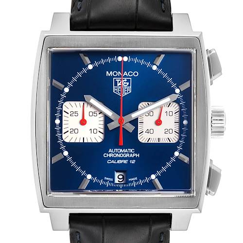 The image shows a front view of the Tag Heuer Monaco CAW2111 Men's Stainless Steel Blue Dial CAW2111 Men's Stainless Steel Blue Dial watch, highlighting its face, hands, chronograph subdials, and case.