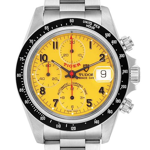 The image shows a front view of the Tudor Tiger 79260 Men's Stainless Steel Yellow Dial 79260 Men's Stainless Steel Yellow Dial model watch, highlighting its yellow dial, chronograph sub-dials, and date window.