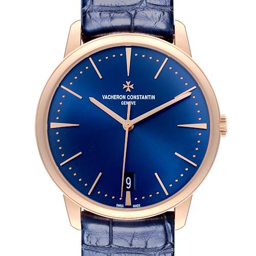 The image shows a front view of the Vacheron Constantin Patrimony 4100U/000R-B643 Men's Rose Gold Blue Dial 4100U/000R-B643 Men's Rose Gold Blue Dial watch, displaying its blue dial, gold case, and date window.