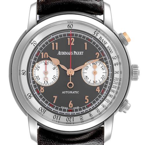 The image shows a front view of the Audemars Piguet Jules 26558TI.OO.D080VE.01 Men's Titanium Grey Dial 26558TI.OO.D080VE.01 Men's Titanium Grey Dial watch, highlighting the dial, hands, and sub-dials.