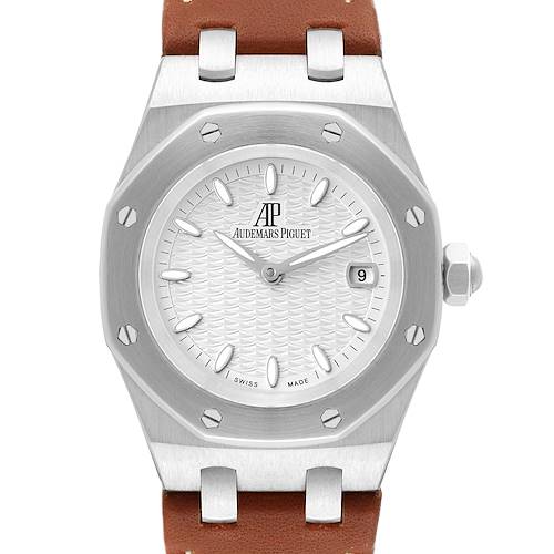 This image shows a frontal view of the dial and part of the brown strap of the Audemars Piguet Royal Oak 67600ST.OO.D080VS.01 Women's Stainless Steel Silver Dial 67600ST.OO.D080VS.01 Women's Stainless Steel Silver Dial watch.