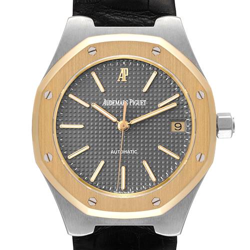 This image shows a front view of the Audemars Piguet Royal Oak Men's Steel and Gold (two tone) Grey Dial Men's Steel and Gold (two tone) Grey Dial watch, highlighting the dial, bezel, and crown.