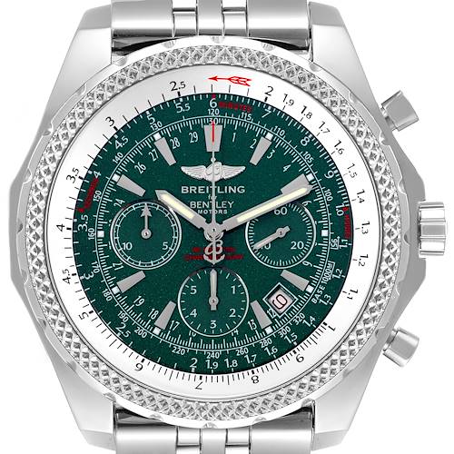 The Breitling Bentley A25362 Men's Stainless Steel Green Dial A25362 Men's Stainless Steel Green Dial watch is shown from a front angle, highlighting the green dial, chronograph subdials, and silver bracelet.