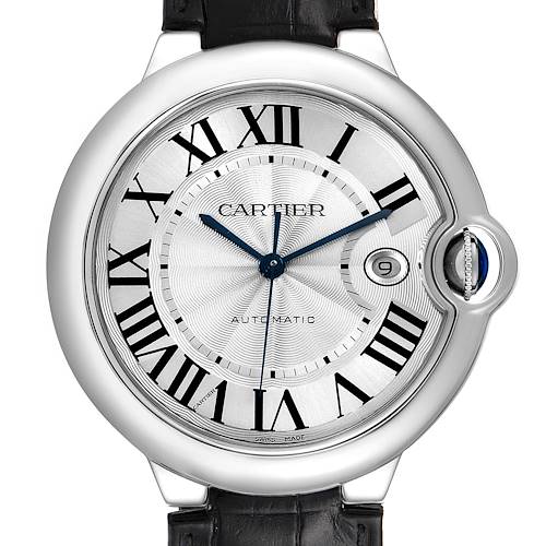 The image shows a front view of a Ballon Bleu de Cartier watch, displaying the dial, Roman numerals, hands, date window, and crown.