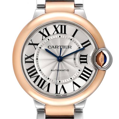 This image shows a close-up, frontal view of the face of a Ballon Bleu watch by Cartier.