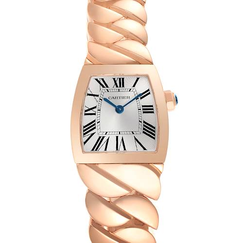The image shows a front view of the Cartier La Dona W6400301 Women's Rose Gold Silver Dial W6400301 Women's Rose Gold Silver Dial watch, highlighting its distinctive dial and bracelet design.
