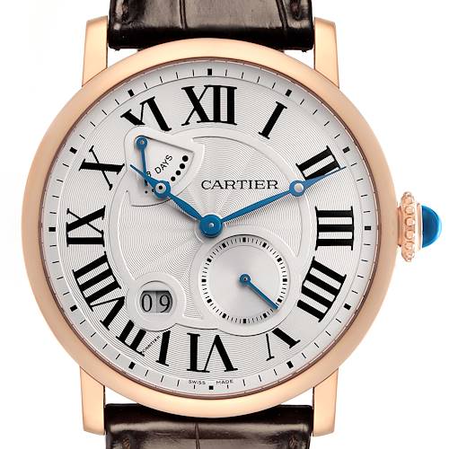 The Cartier Rotonde W1556203 Men's Rose Gold Silver Dial watch is shown from the front, displaying its face with Roman numerals and blue hands.