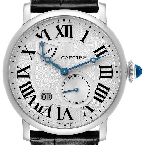 The image shows a Cartier Rotonde model W1556202 men's watch from the front, highlighting the face, Roman numerals, subdial, and crown with a blue gem.