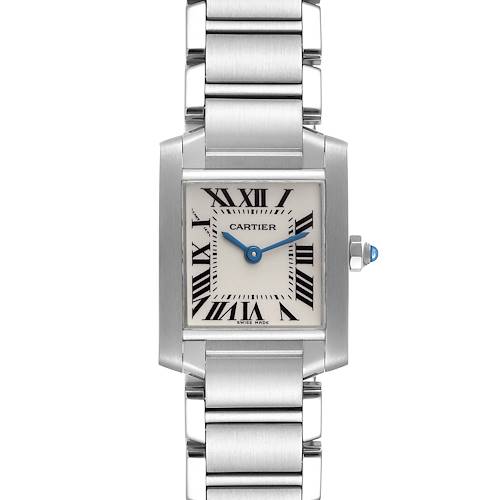 The image shows a Tank Française model by Cartier from a front angle, highlighting its bracelet, dial, hands, and crown with a blue gem.