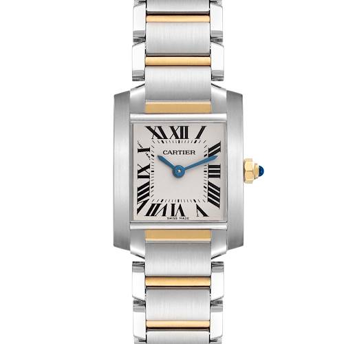 The Cartier Tank Française watch is shown from the front, displaying the face, two-tone bracelet, and blue cabochon crown.