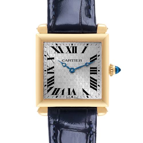 The Cartier Tank Obus W1532756 Women's Yellow Gold Silver Dial W1532756 Women's Yellow Gold Silver Dial watch is shown from the front, displaying its square dial, Roman numerals, and blue strap.
