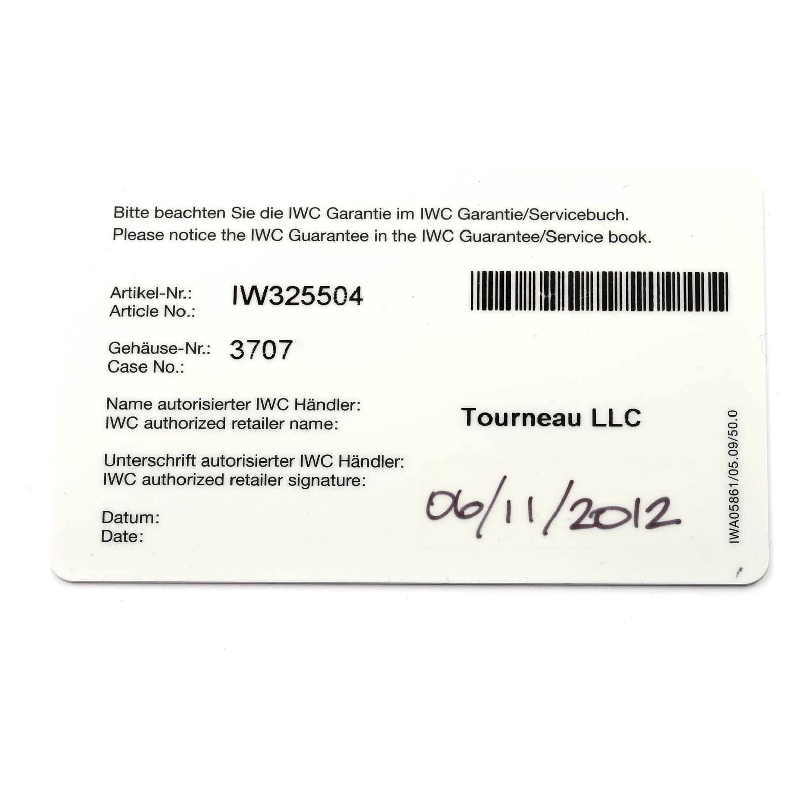 This image shows the guarantee/service book card for the IWC Pilot IW325504 Men's Stainless Steel Black Dial IW325504 Men's Stainless Steel Black Dial model watch with details like article number, case number, retailer, and date.