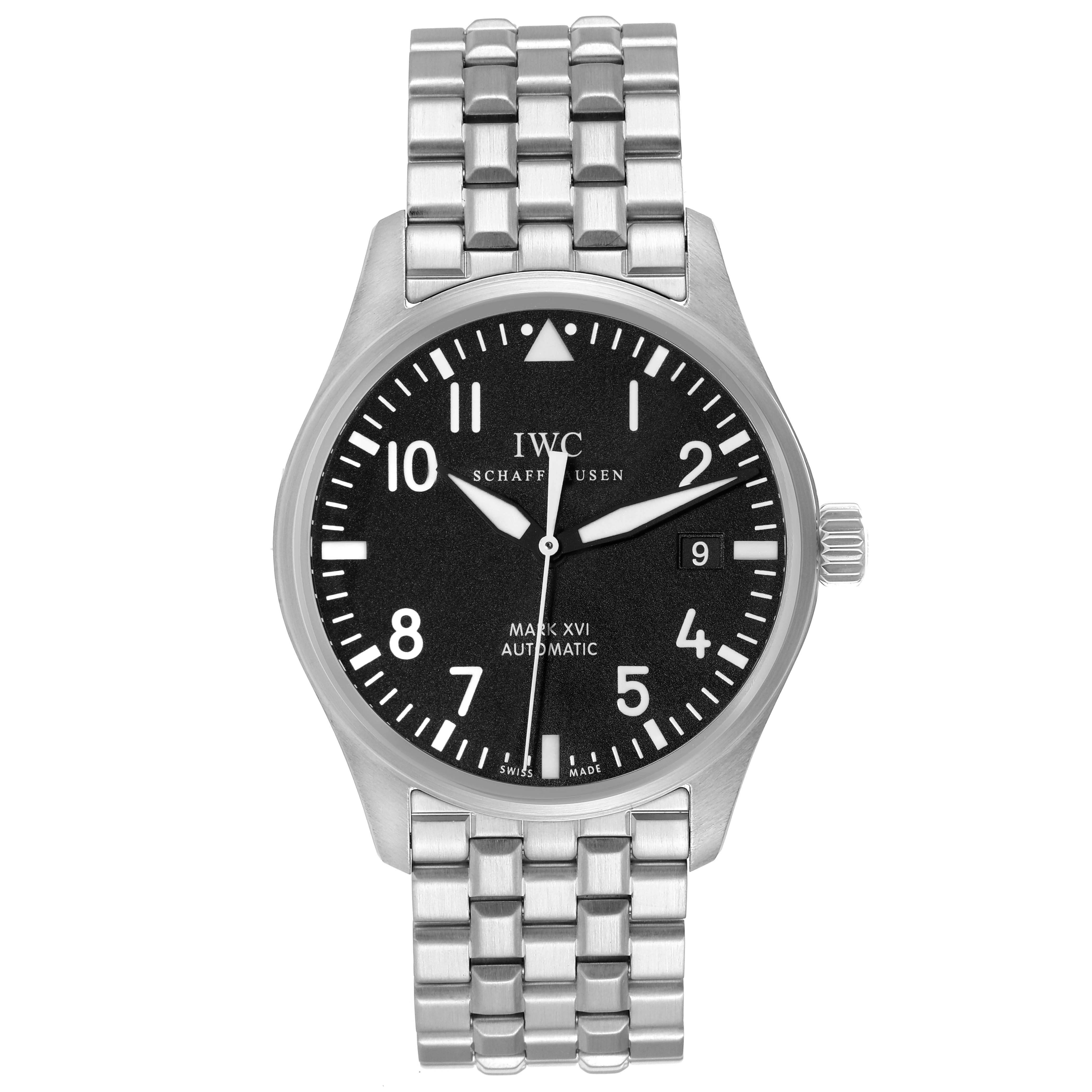 This image shows a front view of the IWC Pilot IW325504 Men's Stainless Steel Black Dial IW325504 Men's Stainless Steel Black Dial model watch with a stainless steel bracelet and black dial.