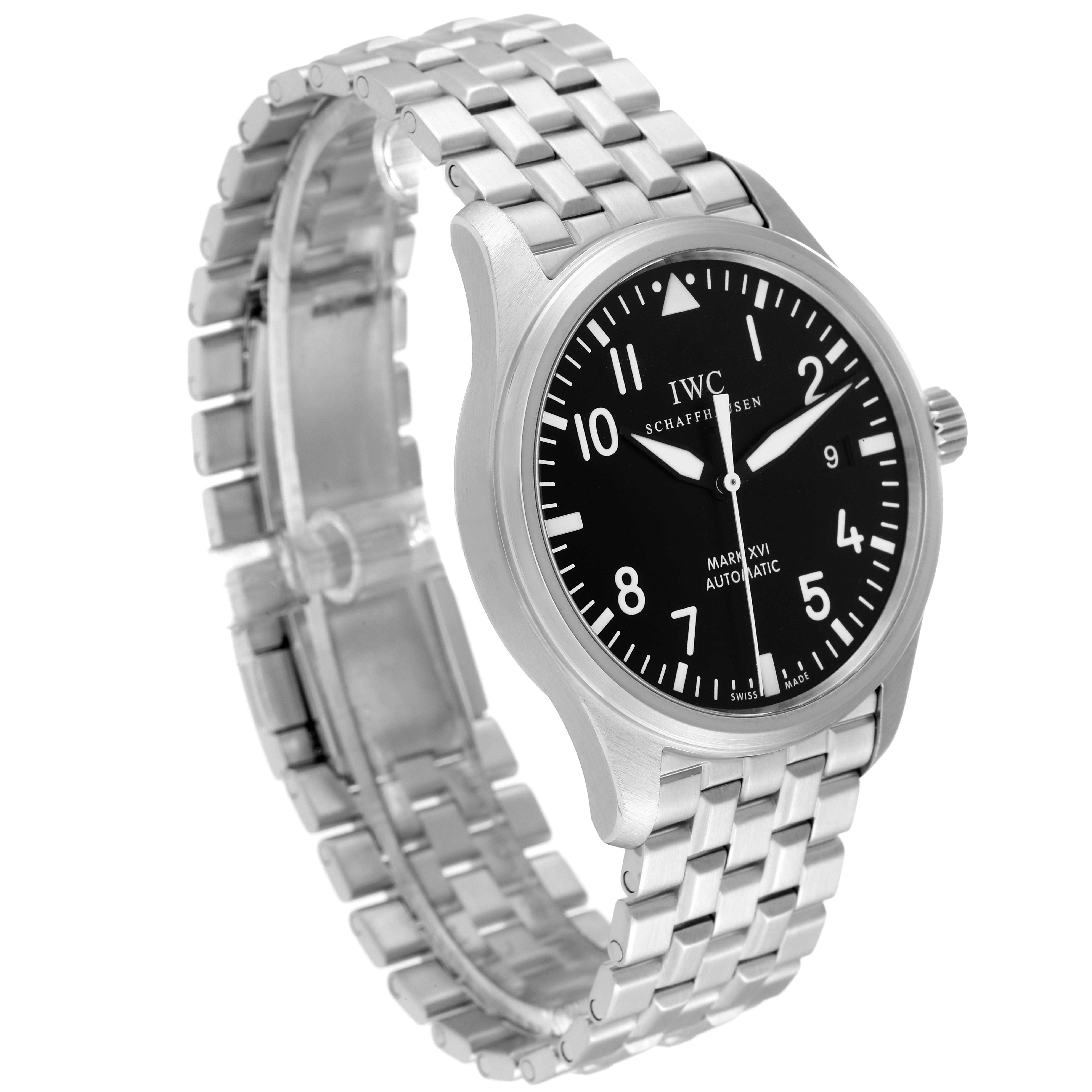 The IWC Pilot IW325504 Men's Stainless Steel Black Dial IW325504 Men's Stainless Steel Black Dial Mark XVI watch is shown from a three-quarter angle, displaying its face and metal bracelet.