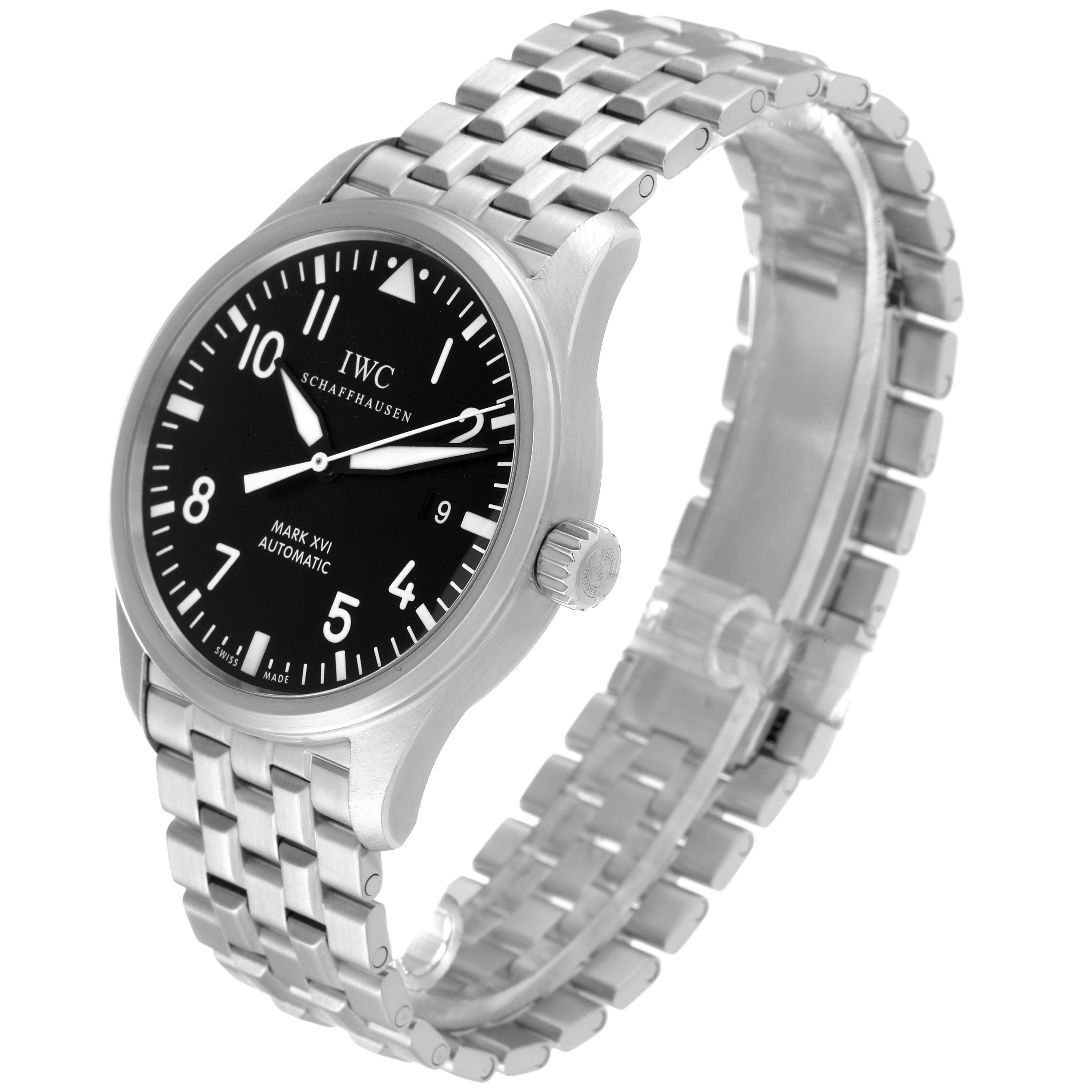 The image shows an IWC Pilot IW325504 Men's Stainless Steel Black Dial IW325504 Men's Stainless Steel Black Dial Mark XVI Automatic watch at a three-quarter angle, highlighting the face, bezel, and metal bracelet.