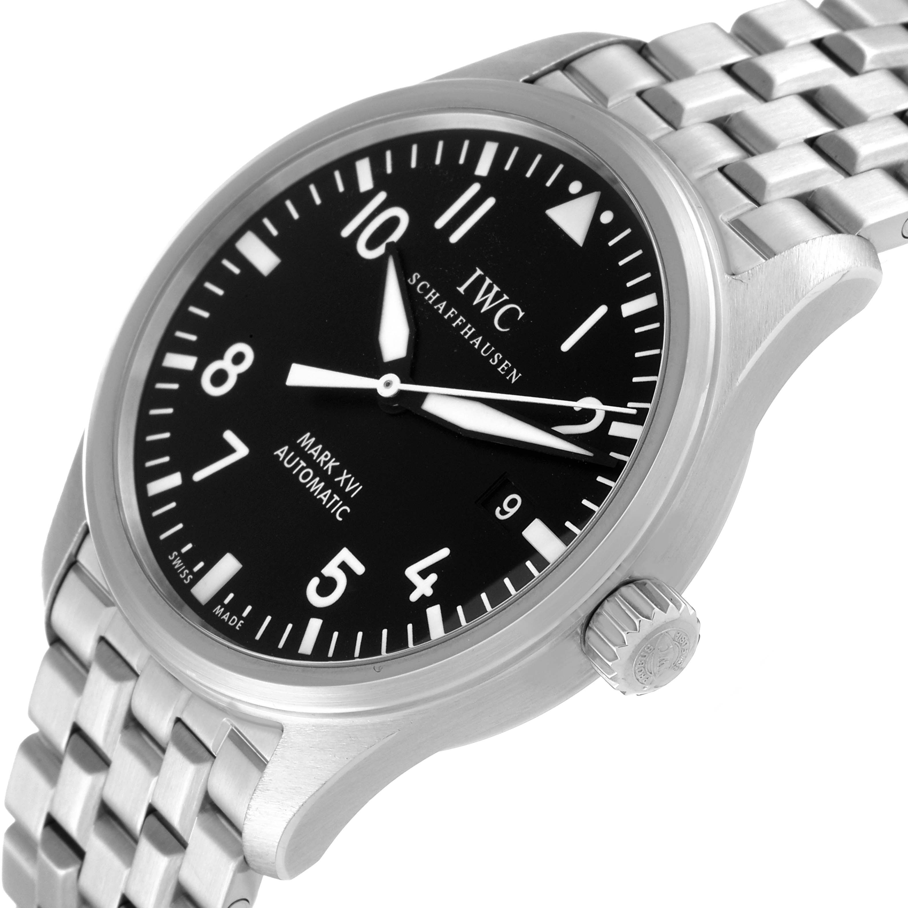 The image shows an IWC Pilot IW325504 Men's Stainless Steel Black Dial IW325504 Men's Stainless Steel Black Dial Mark XVI watch at an angled view highlighting its dial, crown, and stainless steel bracelet.