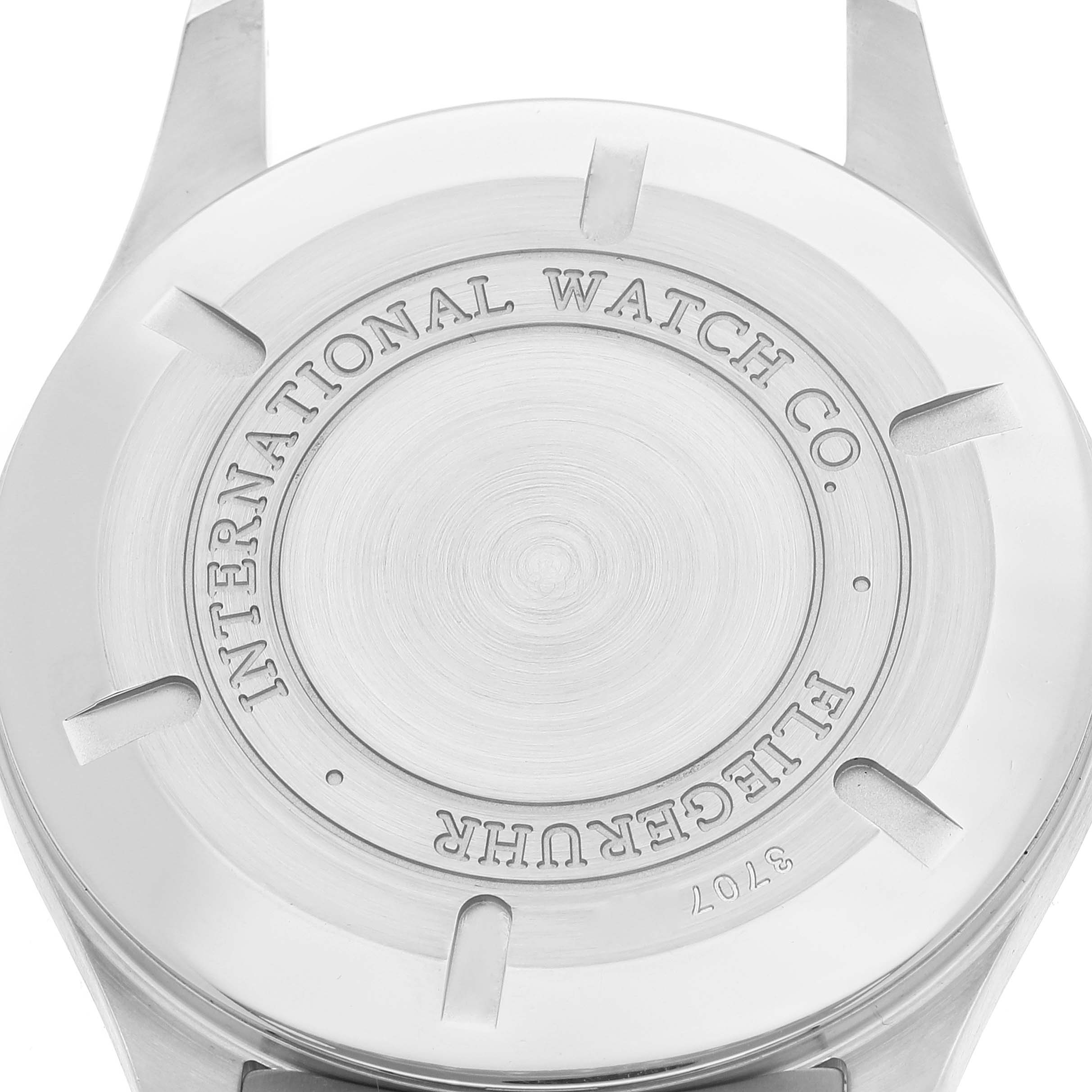 This image shows the back case of an IWC Pilot IW325504 Men's Stainless Steel Black Dial IW325504 Men's Stainless Steel Black Dial model watch.