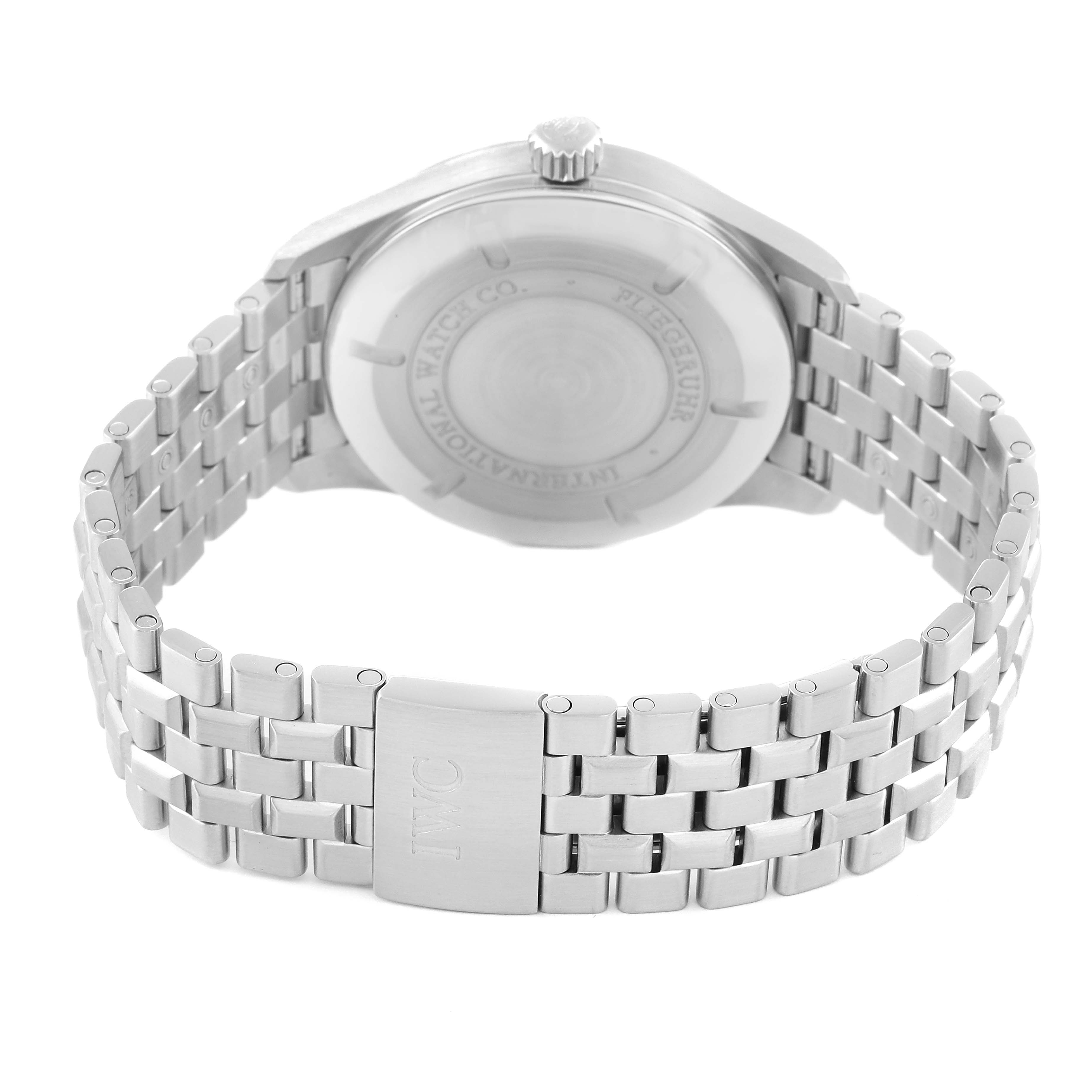 The image shows the back case and stainless steel bracelet of the IWC Pilot IW325504 Men's Stainless Steel Black Dial IW325504 Men's Stainless Steel Black Dial model watch.