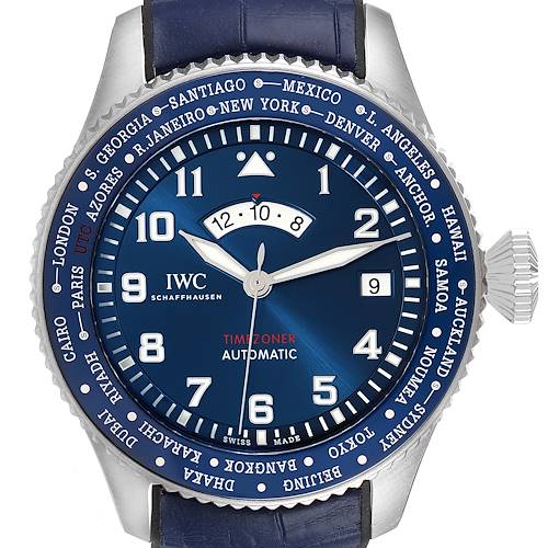 The image shows a frontal view of the IWC Pilot IW395503 Men's Stainless Steel Blue Dial IW395503 Men's Stainless Steel Blue Dial Timezoner watch, highlighting its face, bezel, and strap connection.