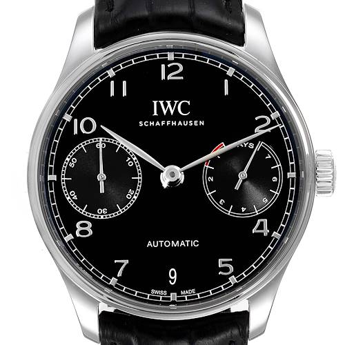 This image shows a front view of an IWC Portuguese IW500703 Men's Stainless Steel Black Dial IW500703 Men's Stainless Steel Black Dial model watch, displaying the dial, hands, subdials, and crown.
