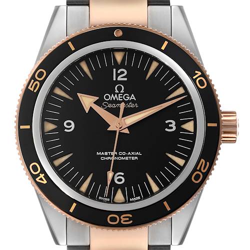 The image shows a frontal view of the Omega Seamaster 233.20.41.21.01.001 Men's Steel and Gold (two tone) Black Dial 233.20.41.21.01.001 Men's Steel and Gold (two tone) Black Dial Master Co-Axial Chronometer watch, highlighting the face, bezel, and part of the bracelet.