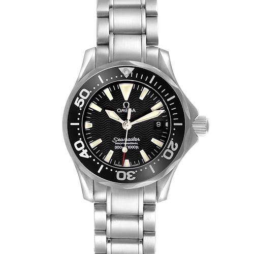The Omega 2282.50.00 Women's Stainless Steel Black Dial 2282.50.00 Women's Stainless Steel Black Dial Seamaster Diver 300M Quartz 28mm is shown from the front, displaying its dial, bezel, and bracelet.