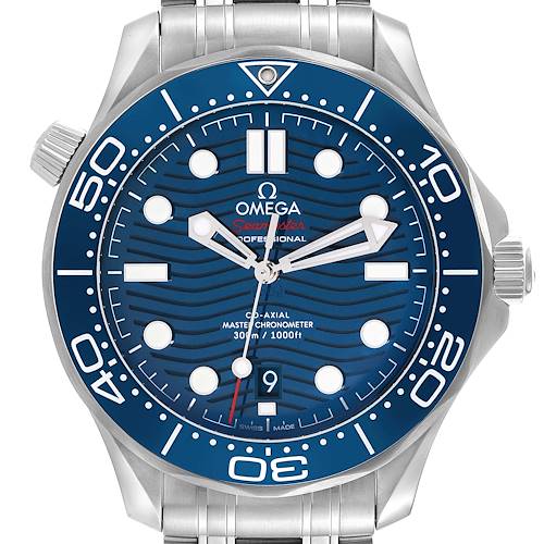 The image shows a front view of the Omega Seamaster 210.30.42.20.03.001 Men's Stainless Steel Blue Dial 210.30.42.20.03.001 Men's Stainless Steel Blue Dial watch, highlighting its blue dial and bezel.