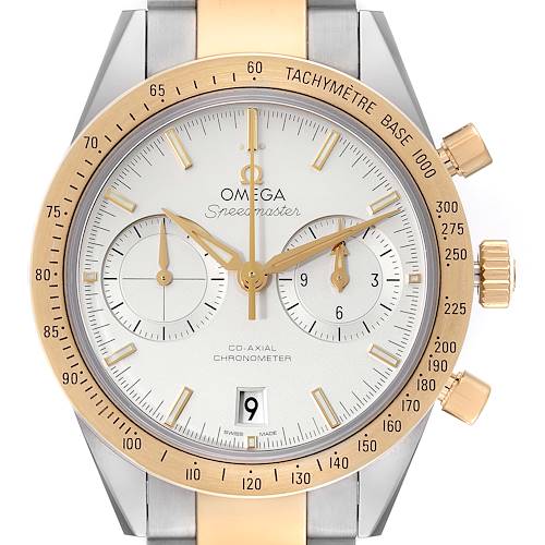 The image shows a close-up of the Omega Speedmaster 331.20.42.51.02.001 Men's Steel and Gold (two tone) Silver Dial 331.20.42.51.02.001 Men's Steel and Gold (two tone) Silver Dial watch's face, including its dial, hands, subdials, and tachymeter scale.