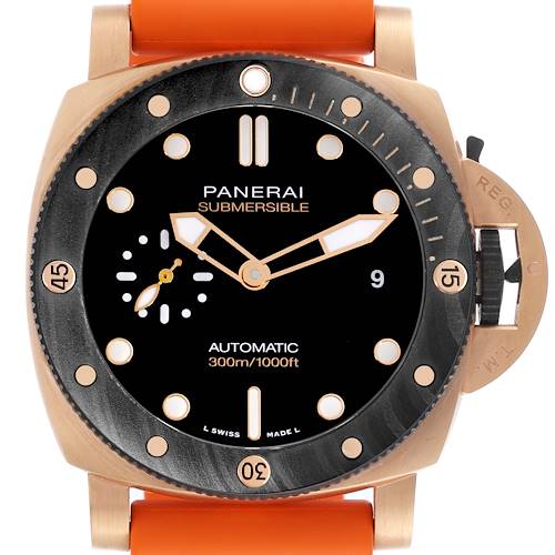 The Panerai Submersible PAM01070 Men's Rose Gold Black Dial PAM01070 Men's Rose Gold Black Dial watch is shown from the front, highlighting its dial, bezel, and orange strap.