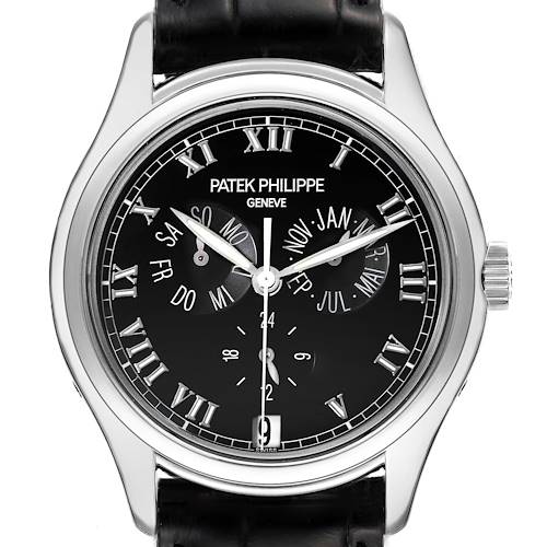 This image shows a close-up of the dial and crown of a Patek Philippe Complications 5035G Men's White Gold Black Dial 5035G Men's White Gold Black Dial model watch.