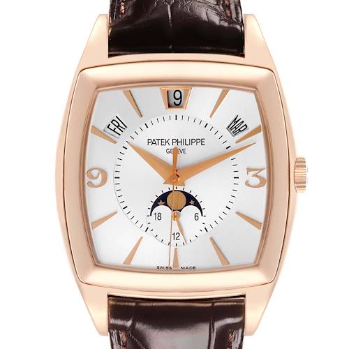 The Patek Philippe Gondolo 5135R-001 Men's Rose Gold Silver Dial 5135R-001 Men's Rose Gold Silver Dial watch is shown from the front, displaying its face, leather strap, hands, and date features.