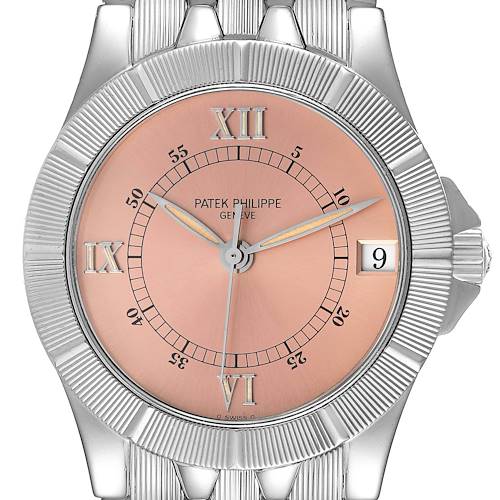 This image shows a front view of a Patek Philippe Neptune 5080/001 Men's Stainless Steel Pink Dial 5080/001 Men's Stainless Steel Pink Dial model watch, highlighting its dial, hands, date feature, and bezel.