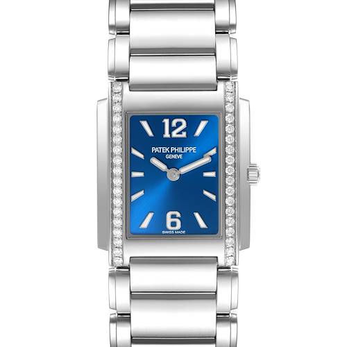 The Patek Philippe Twenty-4 4910/1200A-001 Women's Stainless Steel Blue Dial 4910/1200A-001 Women's Stainless Steel Blue Dial watch is shown from a front view, highlighting the blue dial, diamond-set case, and stainless steel bracelet.