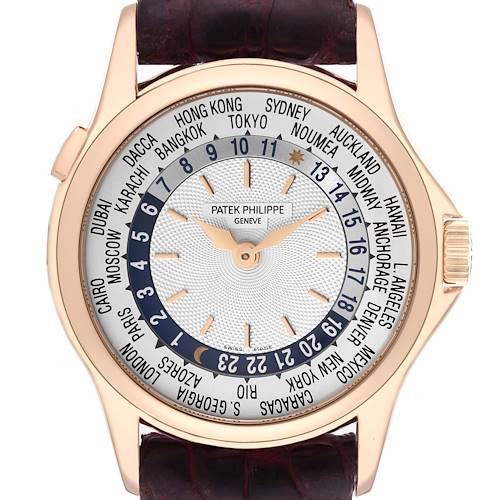The image shows a front view of the Patek Philippe Complications 5110R-001 Men's Rose Gold Silver Dial 5110R-001 Men's Rose Gold Silver Dial model watch, displaying the dial and city/timezone indicators.