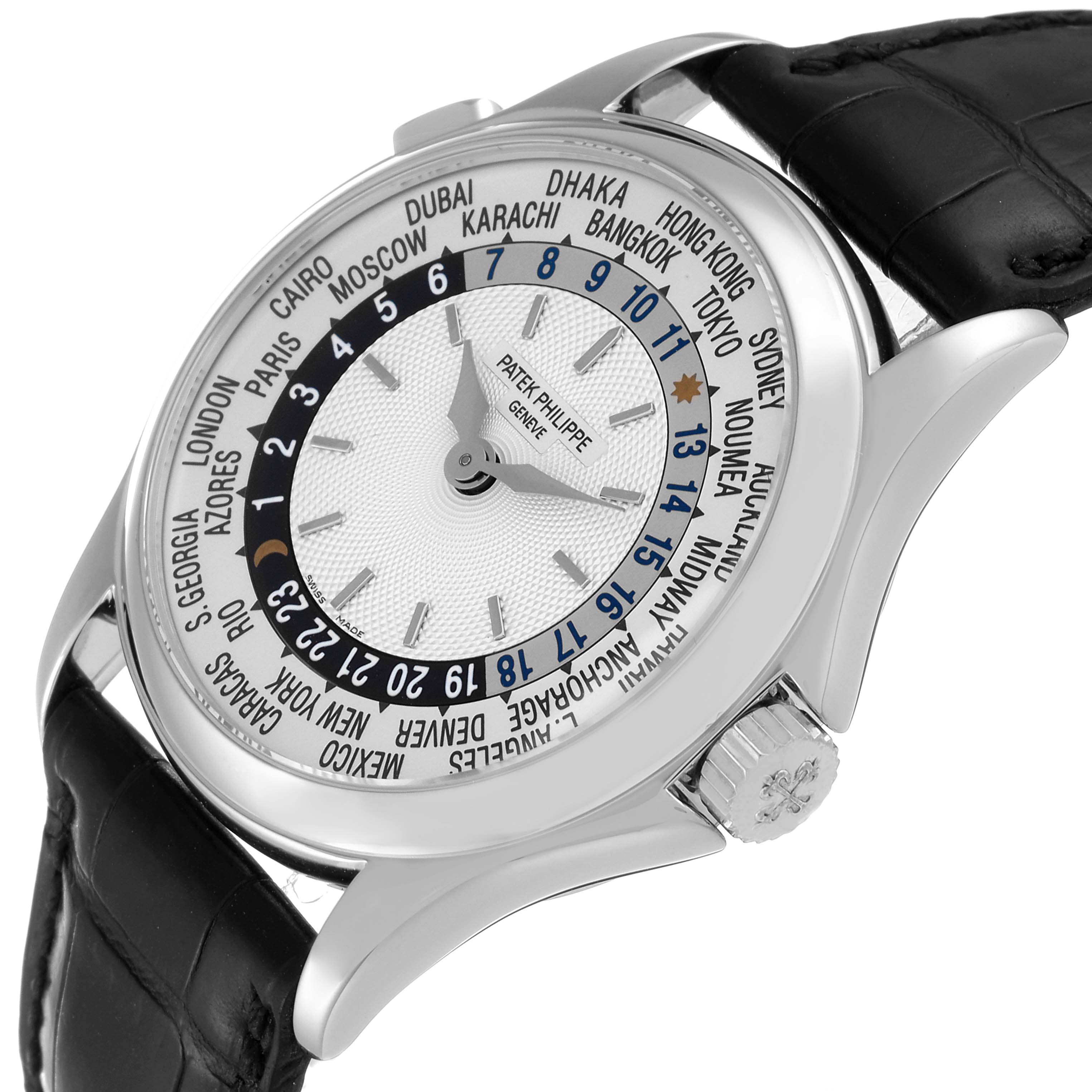 This Patek Philippe Complications 5110G Men's White Gold Silver Dial 5110G Men's White Gold Silver Dial model watch is shown at an angle displaying the face, bezel, crown, and part of the strap.