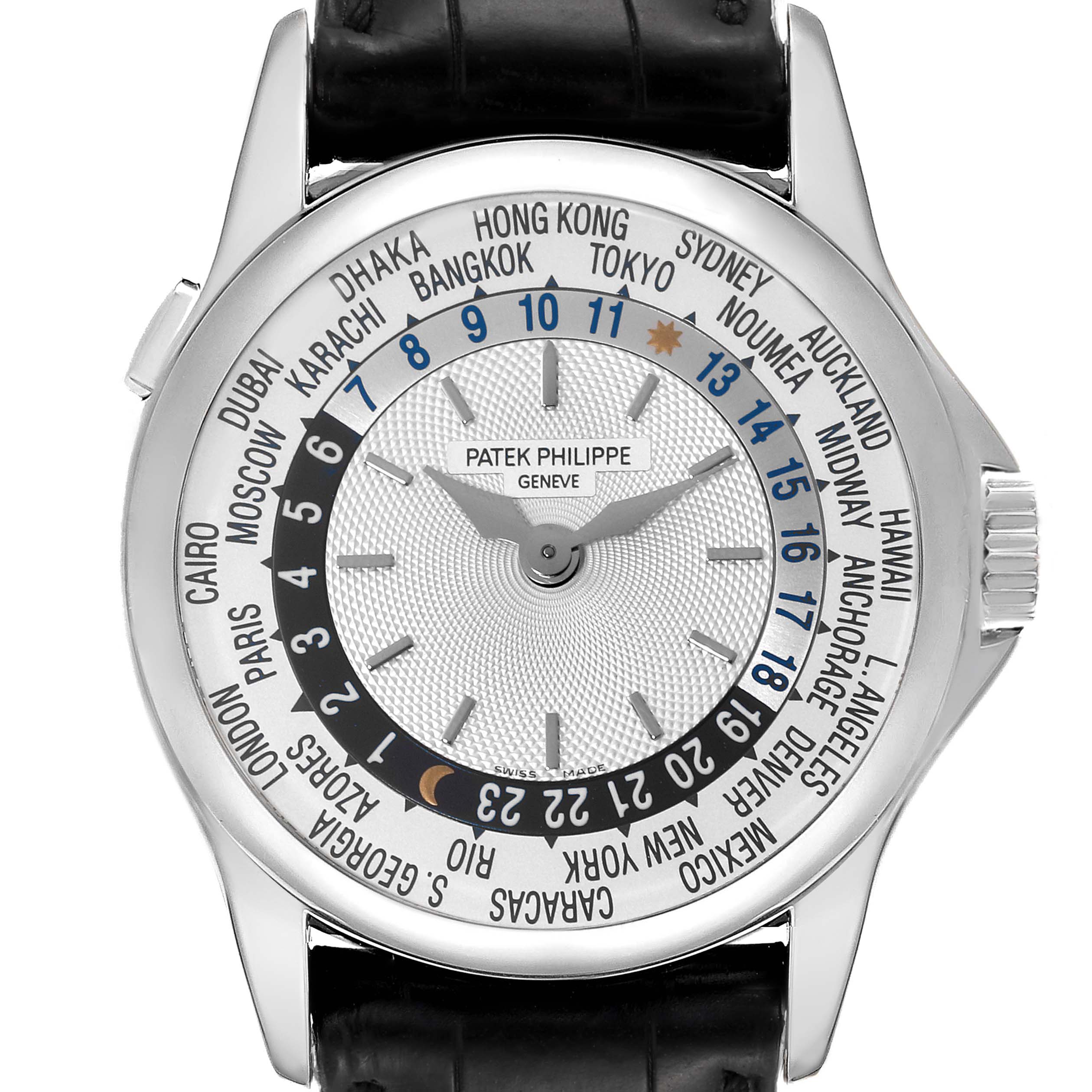 This image shows the face of a Patek Philippe Complications 5110G Men's White Gold Silver Dial 5110G Men's White Gold Silver Dial model watch, highlighting the world time feature and leather strap.