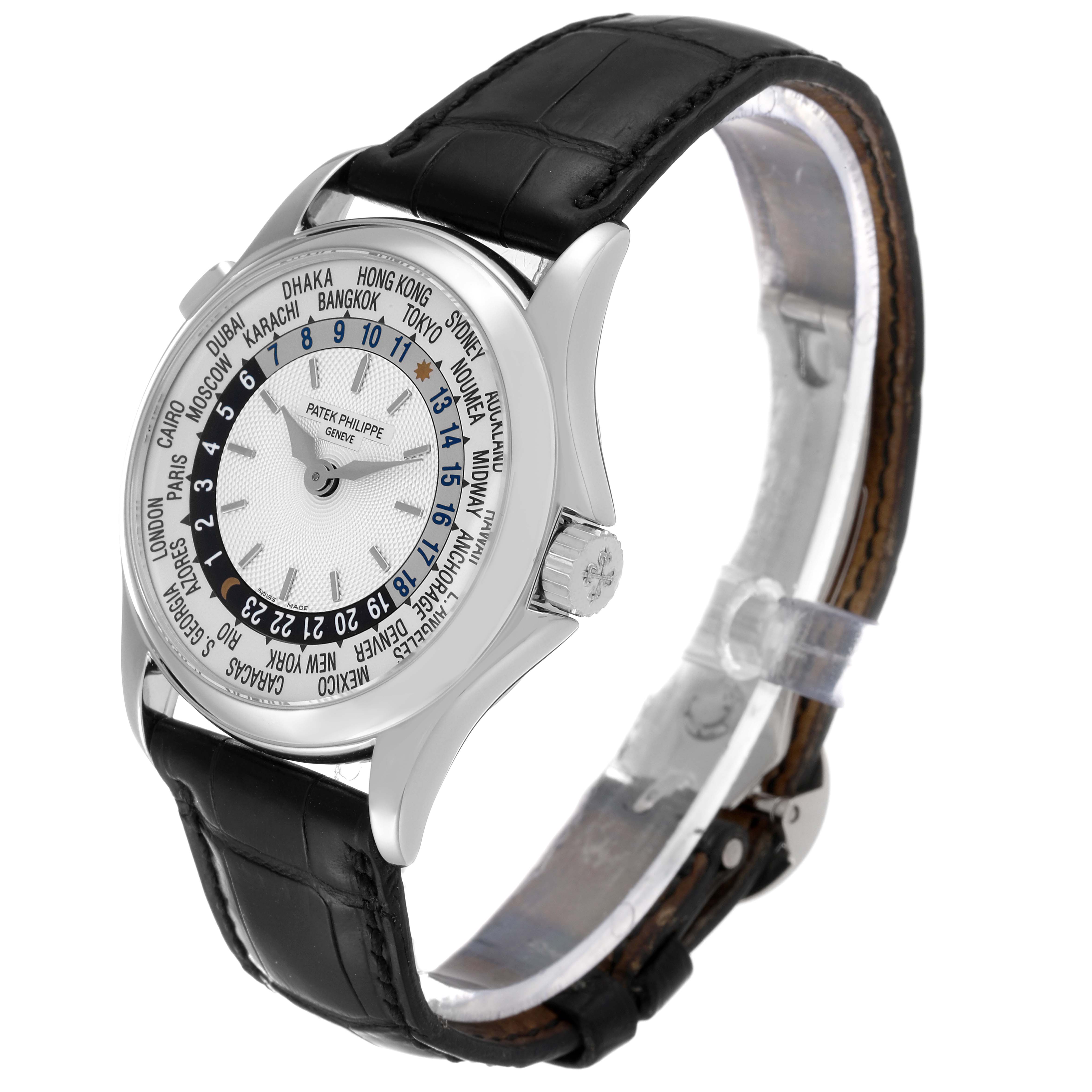 The image shows the front and side view of a Patek Philippe Complications 5110G Men's White Gold Silver Dial 5110G Men's White Gold Silver Dial model with a visible black leather strap.