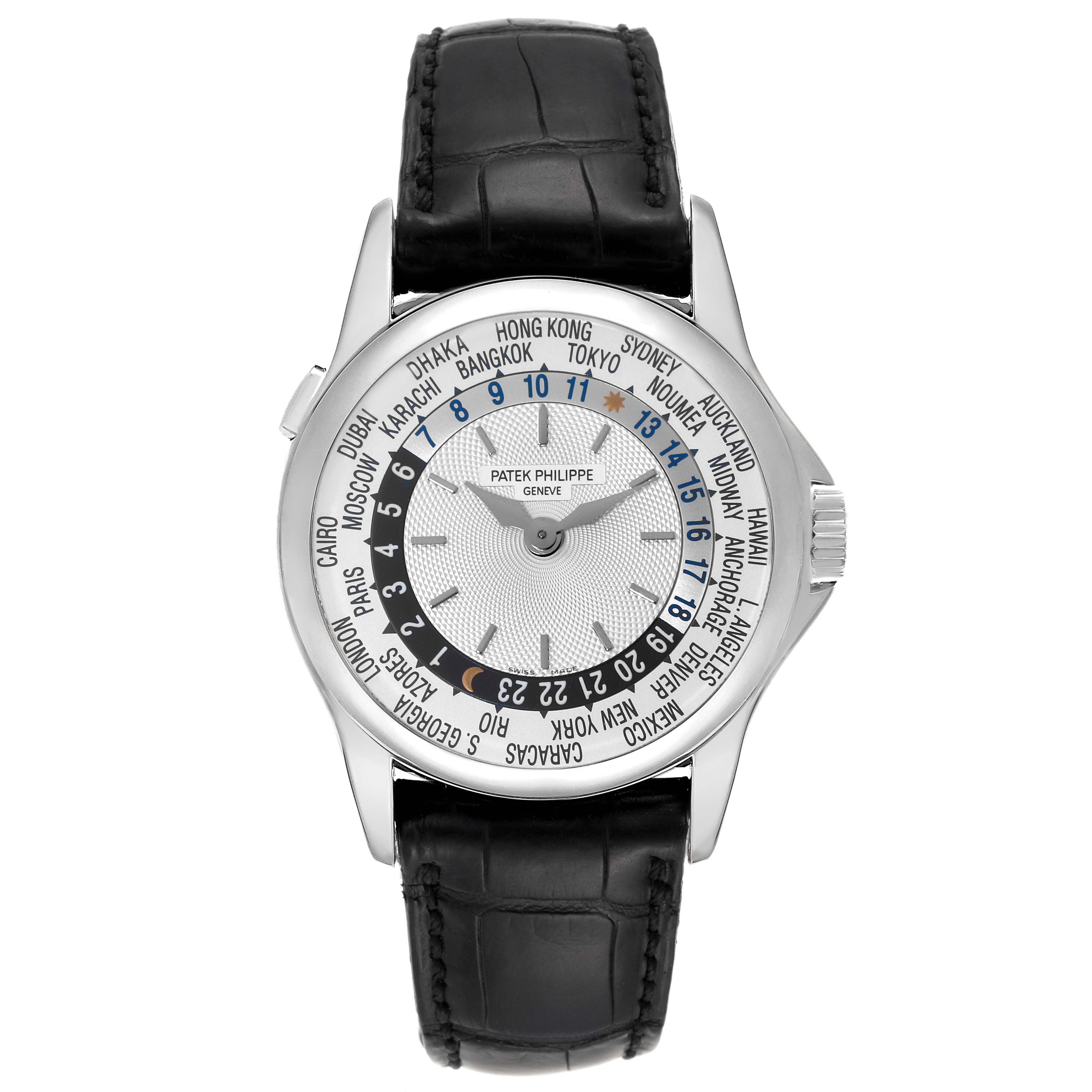 The image shows a front view of the Patek Philippe Complications 5110G Men's White Gold Silver Dial 5110G Men's White Gold Silver Dial model watch, displaying the full dial and strap.