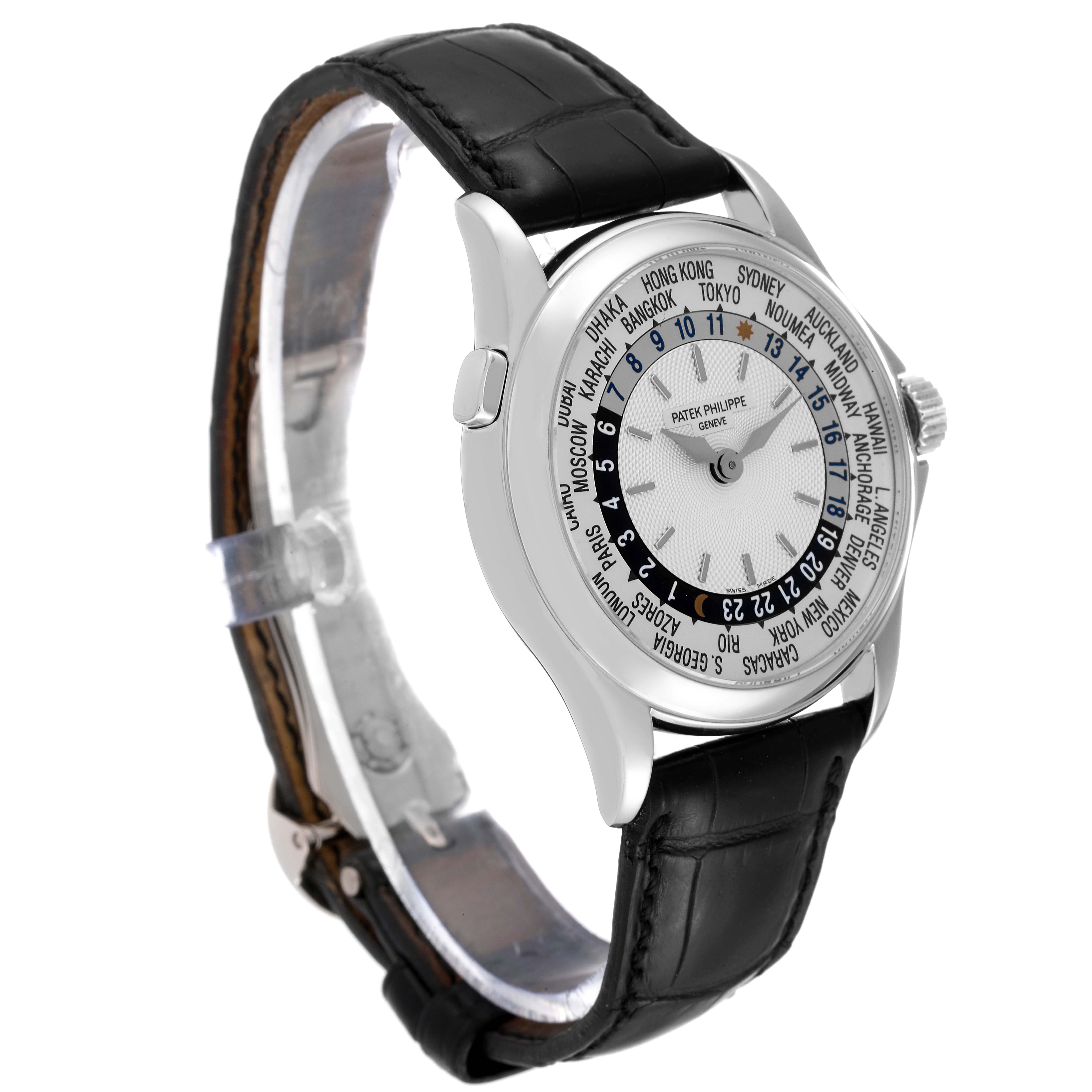 The image shows a side view of the Patek Philippe Complications 5110G Men's White Gold Silver Dial 5110G Men's White Gold Silver Dial watch, highlighting its face, bezel, and strap.