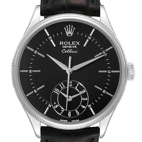 The image shows a frontal view of the Rolex Cellini 50529 Men's White Gold Black Dial 50529 Men's White Gold Black Dial watch, highlighting its black dial, silver hands, and small sub-dial.