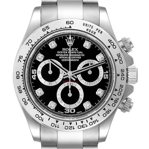 The image shows a front view of the Rolex Daytona 116509 Men's White Gold Black Dial 116509 Men's White Gold Black Dial watch, featuring its bezel, dial, and chronograph sub-dials.