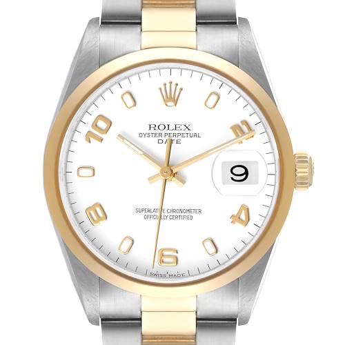 This image shows a front view of a Rolex Date 15203 Men's Steel and Gold (two tone) White Dial 15203 Men's Steel and Gold (two tone) White Dial watch highlighting the dial, bezel, and part of the bracelet.