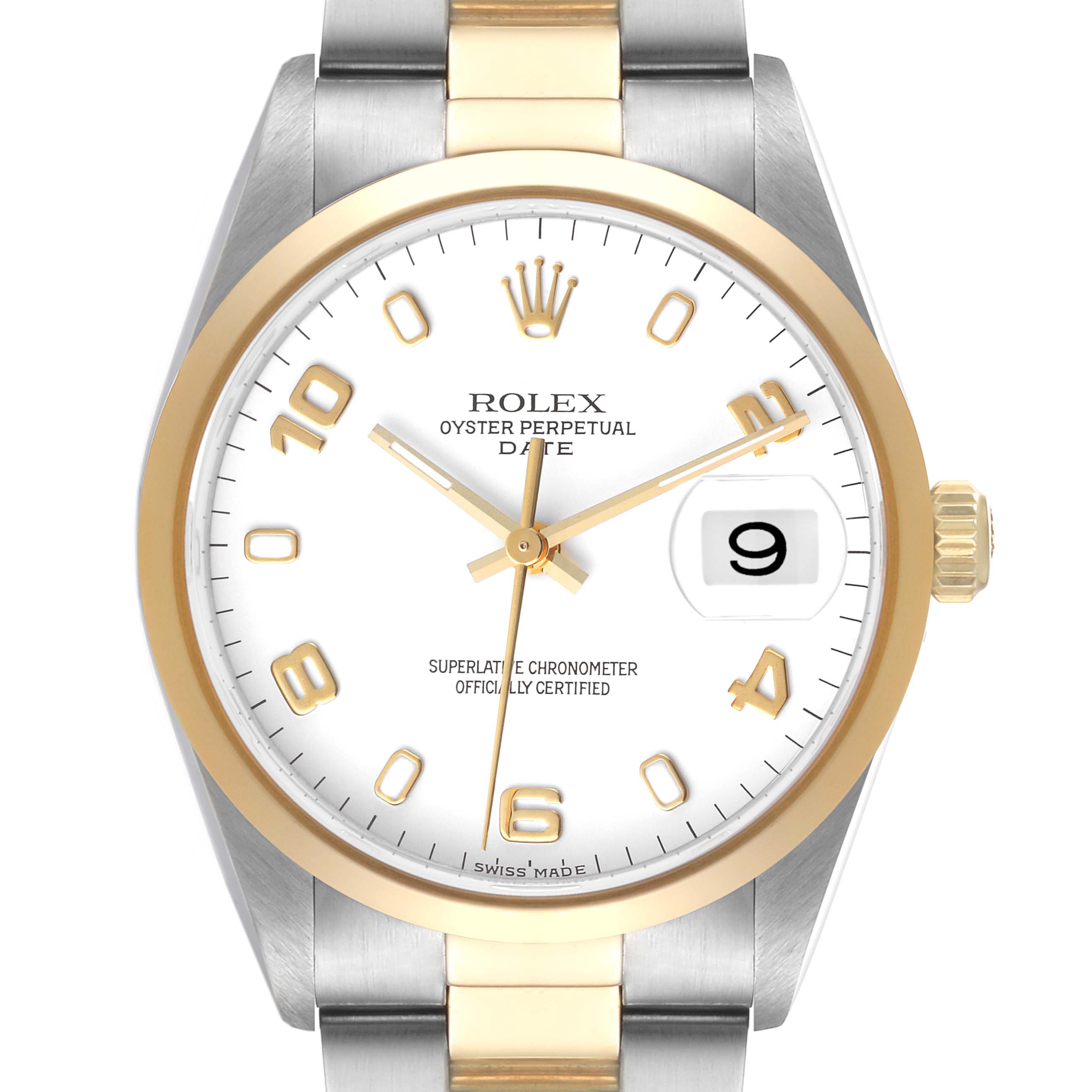 This image shows a front view of the Rolex Date 15203 Men's Steel and Gold (two tone) White Dial 15203 Men's Steel and Gold (two tone) White Dial model watch, highlighting the dial, hands, date window, and part of the bracelet.