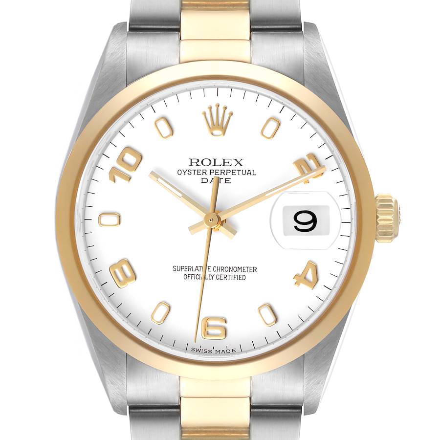 This image shows a front view of the Rolex Date 15203 Men's Steel and Gold (two tone) White Dial 15203 Men's Steel and Gold (two tone) White Dial model watch, highlighting the dial, hands, date window, and part of the bracelet.