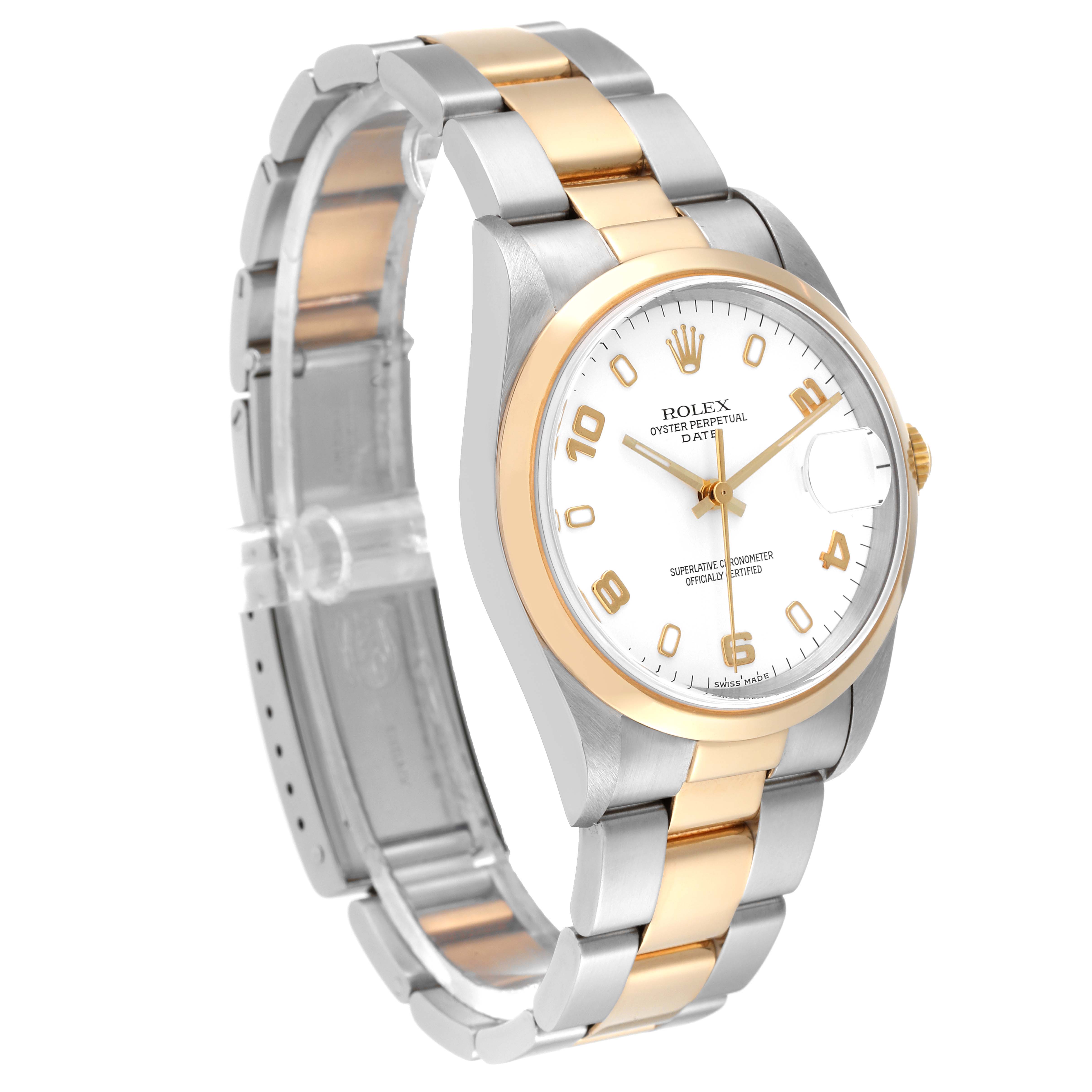 The Rolex Date 15203 Men's Steel and Gold (two tone) White Dial 15203 Men's Steel and Gold (two tone) White Dial model watch is shown at an oblique angle, showcasing its case, dial, and two-tone bracelet.