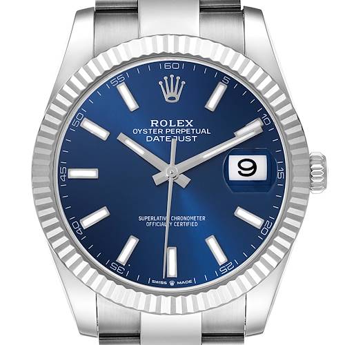 The image shows a front view of the Rolex Datejust 41 126334 Men's Stainless Steel Blue Dial 126334 Men's Stainless Steel Blue Dial, highlighting its blue dial, fluted bezel, and date window.