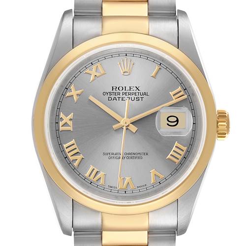 The image shows a front view of a Rolex Datejust 16203 Men's Steel and Gold (two tone) Grey Dial 16203 Men's Steel and Gold (two tone) Grey Dial watch with its dial, bezel, and part of the bracelet visible.