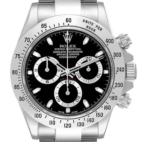 This image shows a front view of the Rolex Daytona 116520 Men's Stainless Steel Black Dial 116520 Men's Stainless Steel Black Dial watch, highlighting the dial, chronograph subdials, and bezel.