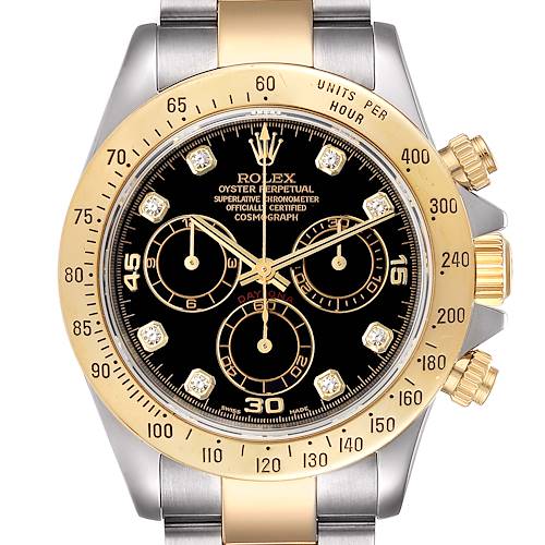 The image shows the front view of a Rolex Daytona 116523 Men's Steel and Gold (two tone) Black Dial 116523 Men's Steel and Gold (two tone) Black Dial watch, highlighting the bezel, dial, subdials, and chronograph pushers.